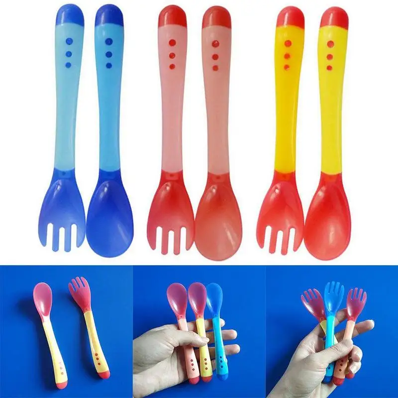 

1pc 2 in 1 Baby Safety Feeding Temperature Sensing Feeding Children Spoon Silicone Soft Kids Tableware Fork Flatware Baby V0X7