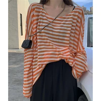 wkfyy women causal knitted oversize striped o neck long batwing sleeve loose t shirt tee tops blouse big size boyfriend b4008