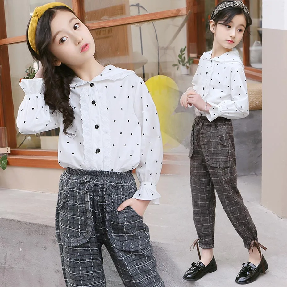 Children School Clothes Dot Pattern Costume For Girls White Blouse + Jumpsuit 2PCS Tracksuit Girl Plaid Kids Clothing |
