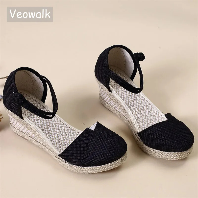 Veowalk/женские льняные сандалии ручной работы Эспадрильи на танкетке 6 см Удобная