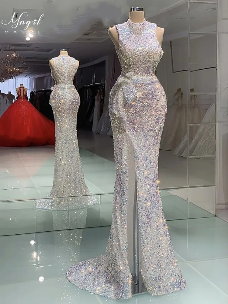 

MNGRL Luxury Evening Dress One-shoulder Long Sleeves Hand-applied Diamonds Glittering 2021 New Evening Dress Party Dress