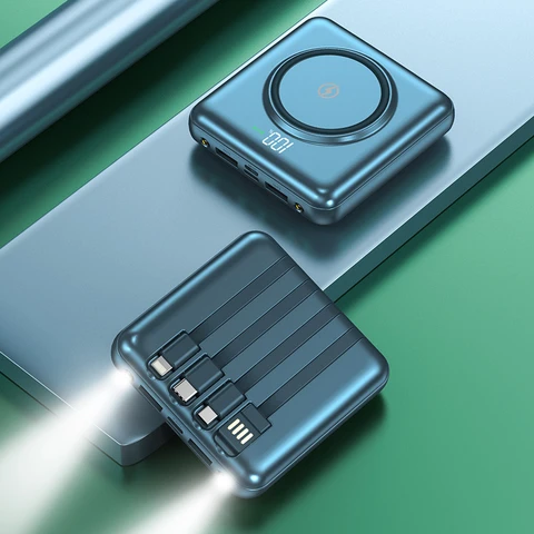 Портативный Qi Беспроводное зарядное устройство Power Bank 10000 мАч 20000 мАч Встроенный кабель Mini Powerbank для iPhone 12 Samsung Xiaomi Powerbank