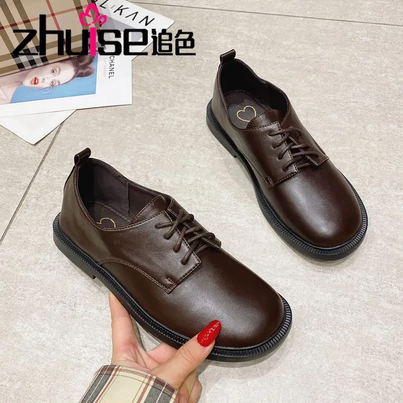 

Round toe small leather shoes women 2021 autumn and winter lace up flat British style soft leather Japanese jk shoes trend