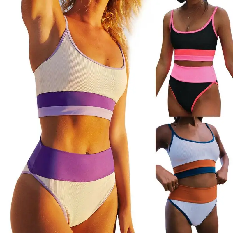 

Женские Танкини с высокой талией, сексуальные купальники на бретельках с цветными вставками, комплект бикини, летний купальник из 2 предмет...