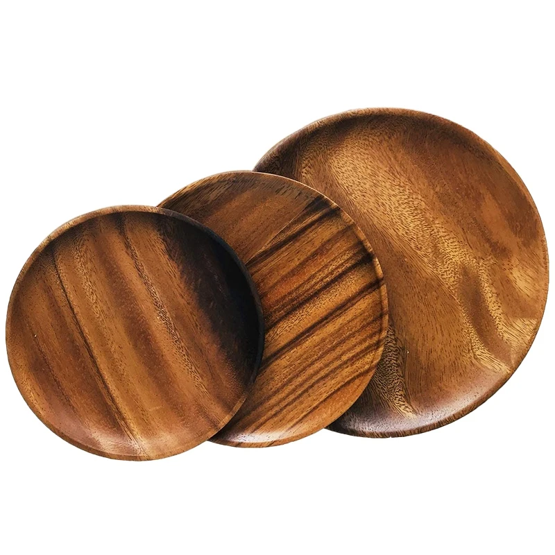 

Wooden Dinnerware Serving Plates Set Of 3 - Dinner, Salad, and Dessert Plates Lightweight and Sturdy Acacia Wood