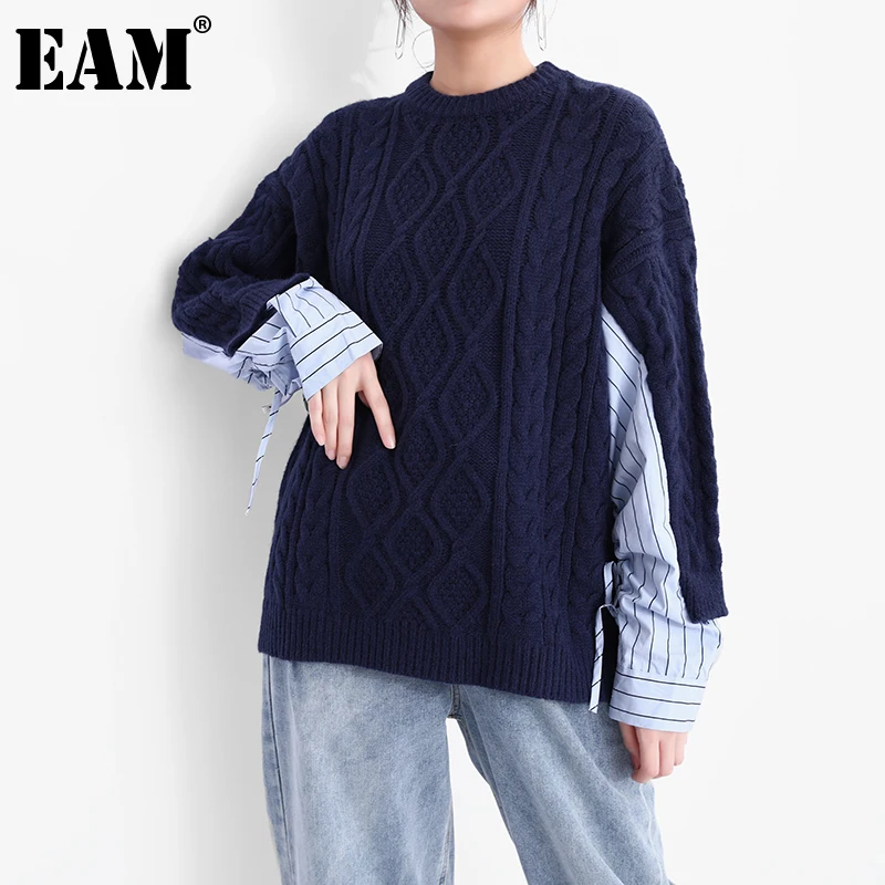 

[EAM] Striped Big Size Knitting Sweater Loose Round Neck Long Sleeve Women Pullovers New Fashion Autumn Winter 2021 1DE317001
