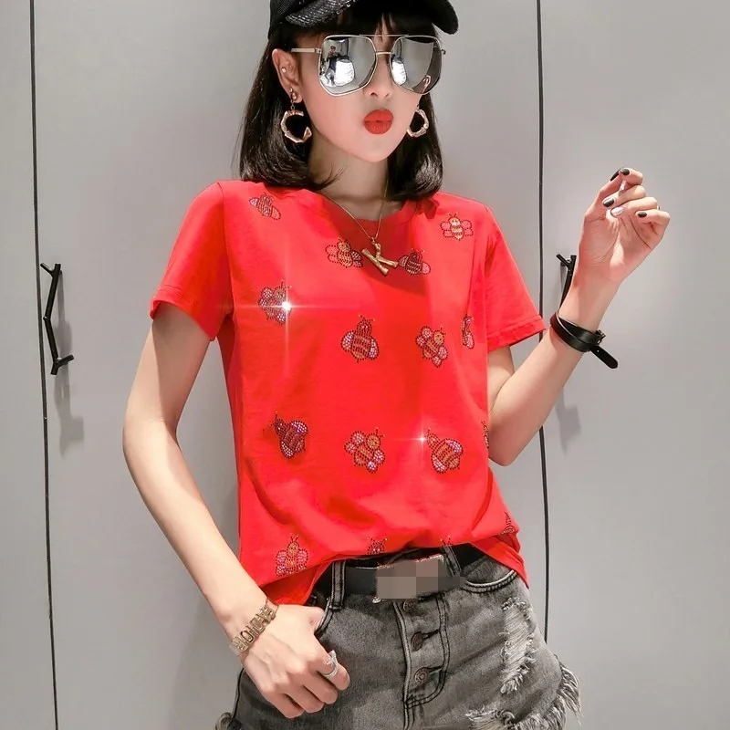

European Summer New Womens Short Sleeve O-Neck Pullover T-Shirts Chic Fashion Animal Diamonds Loose Slim Female Casual Tees Top