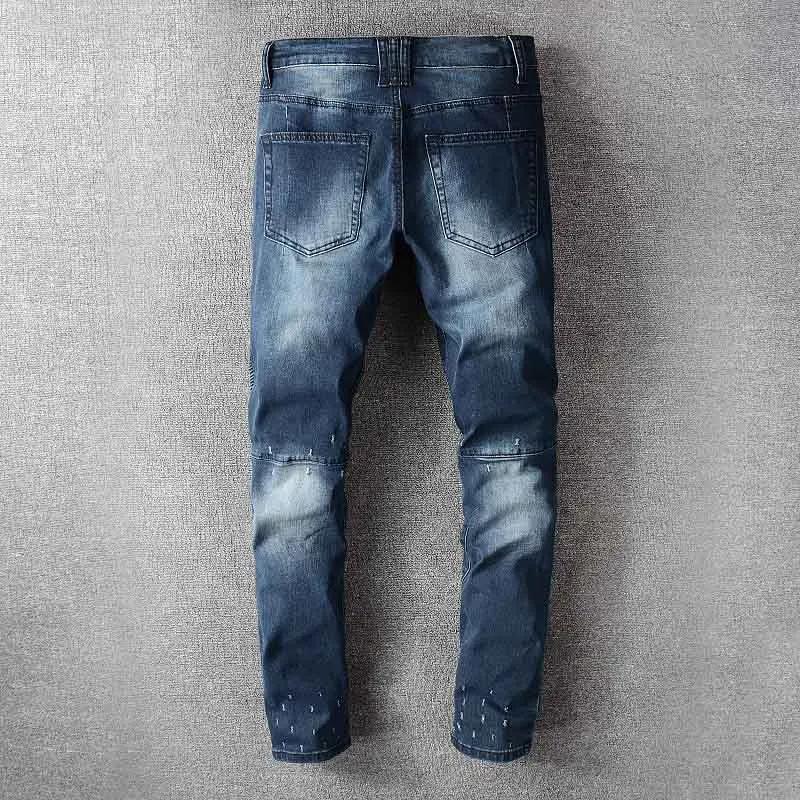 

KIOVNO Fashion Men's Biker Ripped Jeans Trousers Slim Fit Motorcycle Denim Pants For Male Washed Blue Color