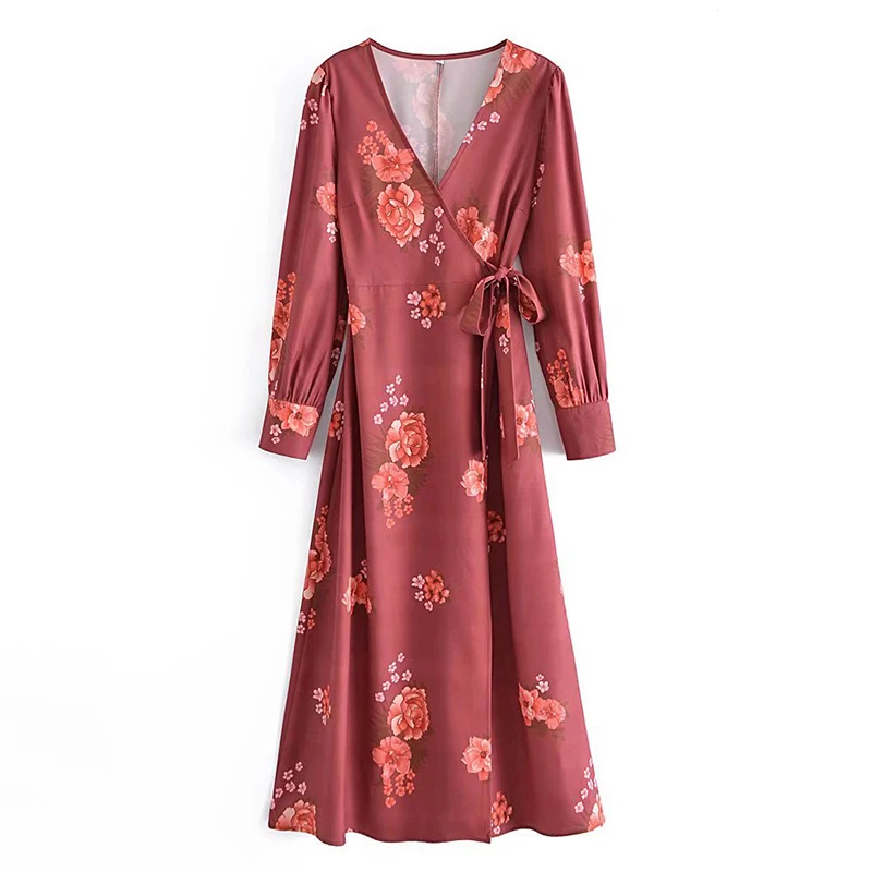 

Elegant Women Floral Print Wrap Long Dress Cross V Neck A-line Casual Dress Spring Autumn Ladies Vestido