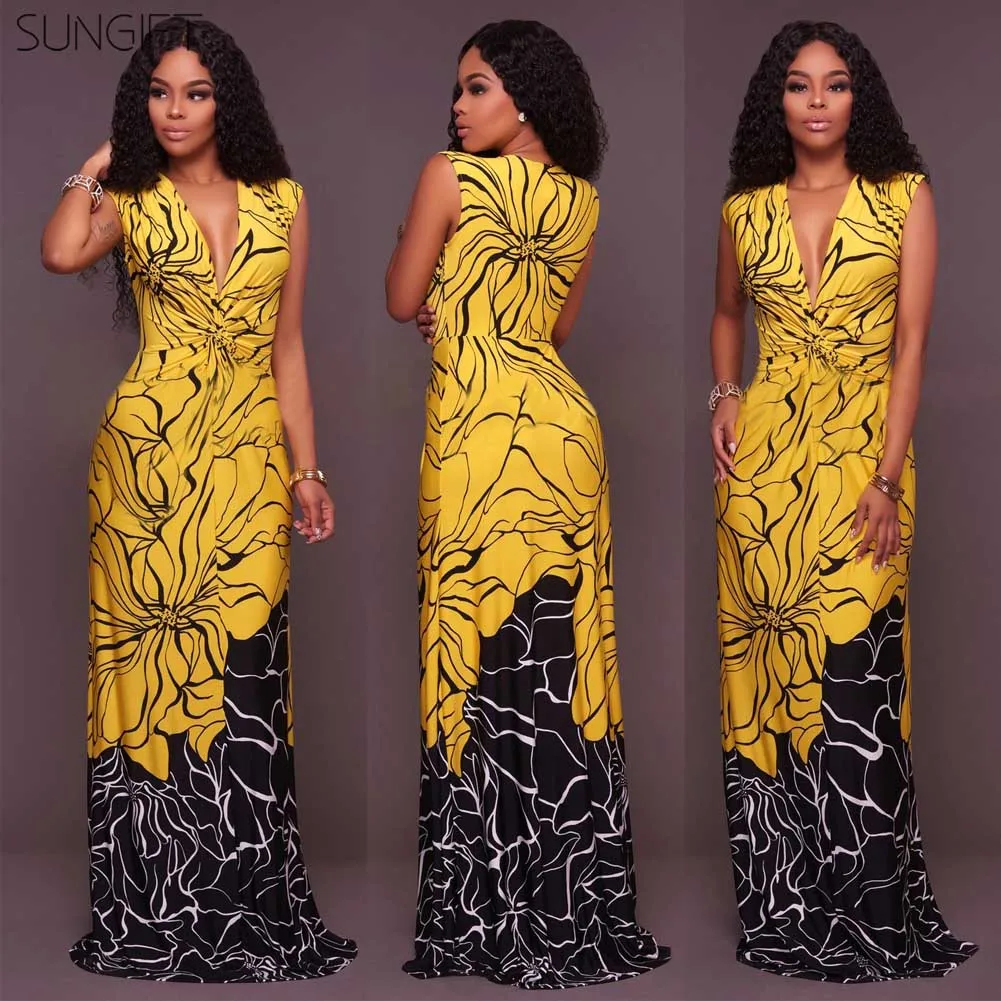 Женское платье макси без рукавов SUNGIFT летнее в африканском стиле с принтом Дашики