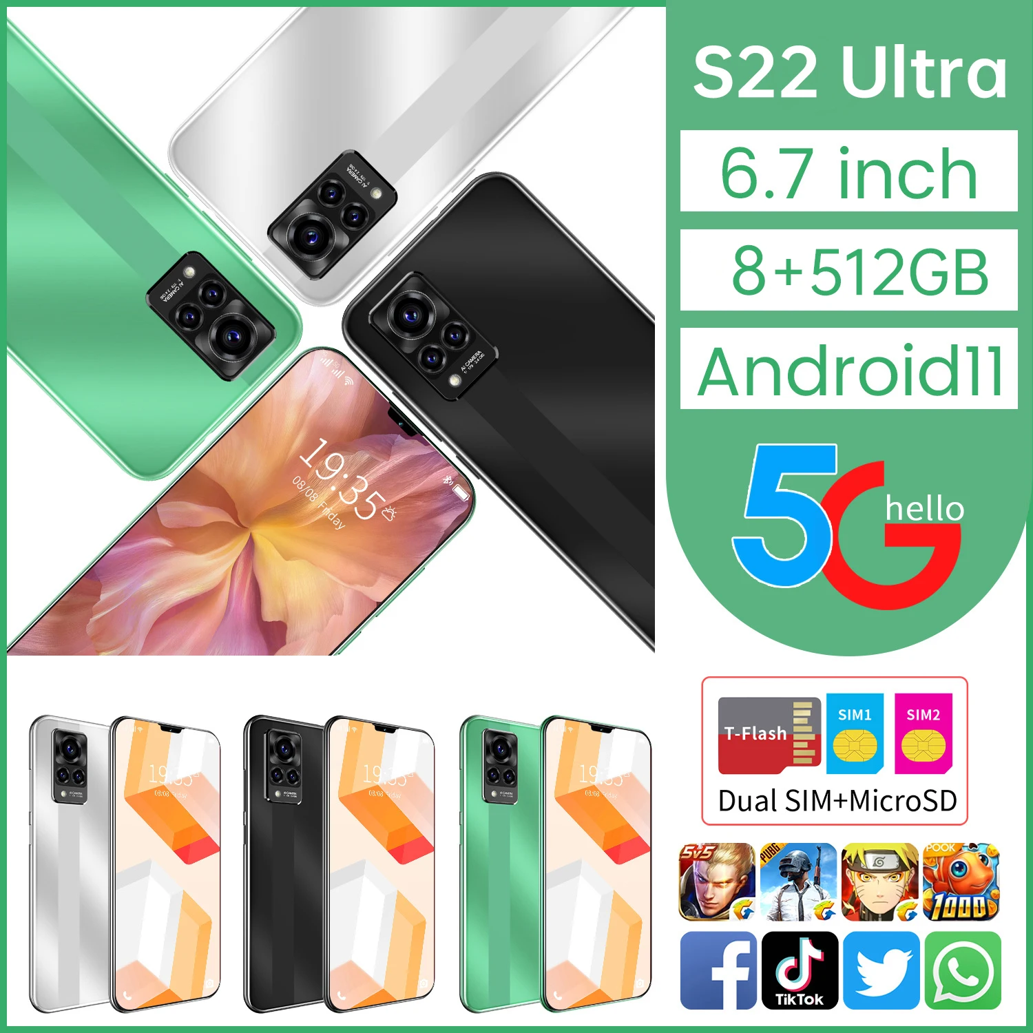 

S22 Ultra 8 512GB 6.7Inch Full HD Camera Smartphones Global Version Android11 5G Dual Sim MTK6889 6000mAh Face ID Unlocked