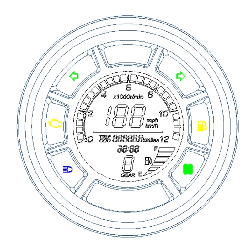 

Universal LCD Digital Speedometer,199Km/H 12000RPM Odometer Tachometer Cylinders Gear Tachometer Gauge with Sensor