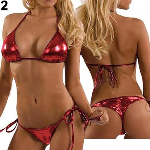 2022 Sexy Women Fashion Metallic Bikini Top + Bottom Beachwear Stripper Wear Swimsuits Bathing Suit | Женская одежда