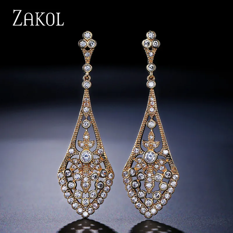 Gold Color ZAKOL роскошный Рождественский подарок Топ CZ проложили большой слеза форма Висячие серьги для женщин Свадебные украшения FSEP2066 - Окраска металла: Gold Color