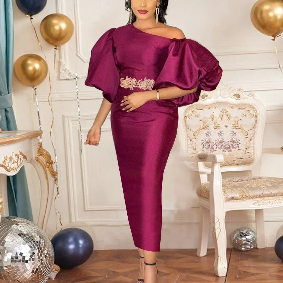 

Elegant Women Long Dresses Bodycon Burgundy Puff Sleeve Bare Shoulder Appliques Dress Party Birthday Christmas Celebrate Outfits