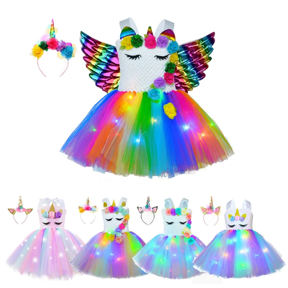 

Princess Girls Shiny Unicorn Dress Children Cartoon with LED Glowing Dresses Wings Headband Stage Costume for Girl Party