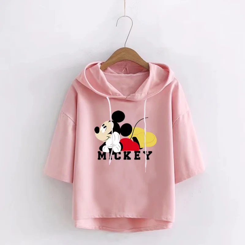 

Disney Cartoon Mickey Mouse Summer T Shirt Women with Hooded Simple Match Casual Harajuku Tshirt Oversize Camisetas Verano Mujer