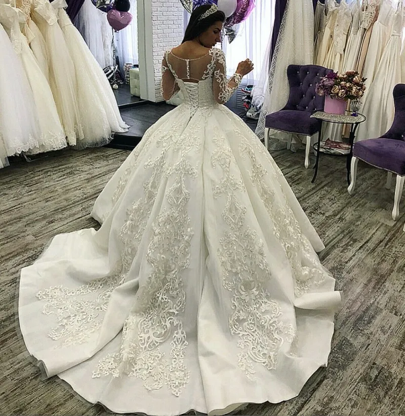 

Luxury Princess Wedding Dress 2021 Lace Appliques Lace Up Ball Gown Illusion Bridal Customized Vestido de Mariage New