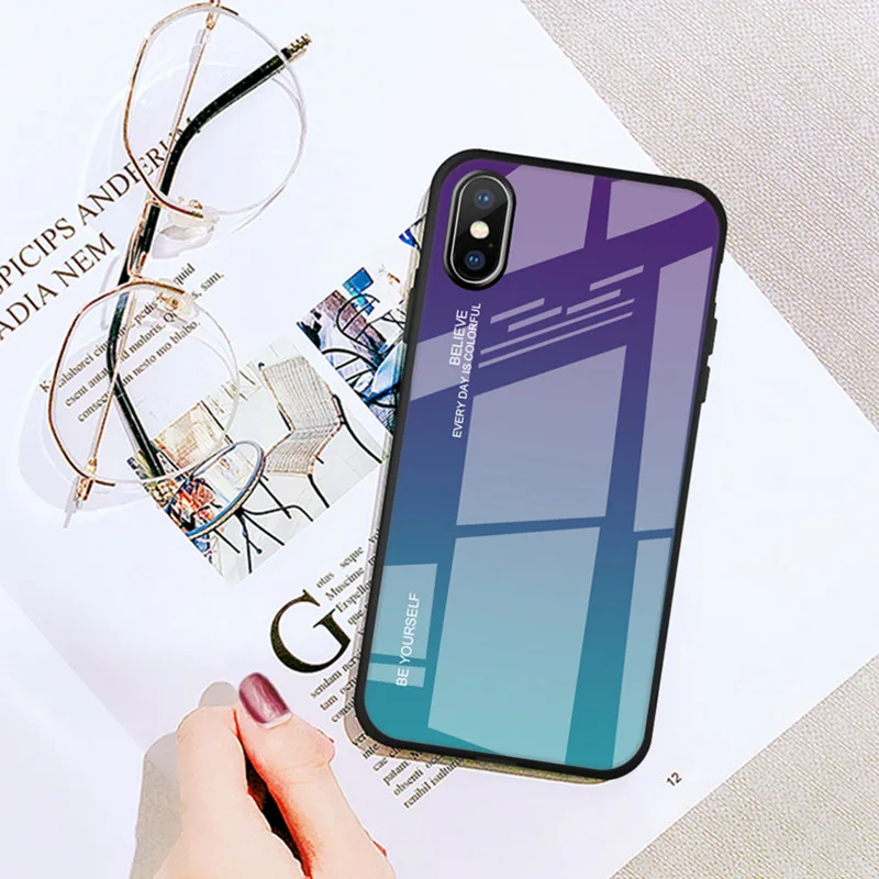 03 Цветной градиентный чехол из закаленного стекла для iPhone 7, 8 Plus, 6, 6 S, смартфон, полный Чехол, блестящий чехол для iPhone XR X XS Max - Цвет: 03