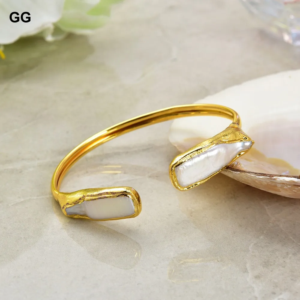 GG Jewelry Cultured White Biwa Rectangle Pearl Golden Plated Bangle Bracelet | Украшения и аксессуары