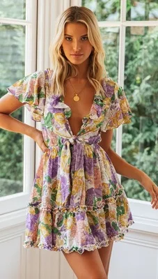 

Модное женское платье Hirigin 2020 с V-образным вырезом и цветочным принтом, пикантное богемное облегающее женское мини-платье с коротким рукавом...