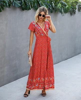 bohemain women dress loose beach style womens long dress 2021 new product fashion printed v neck long female dress cothes