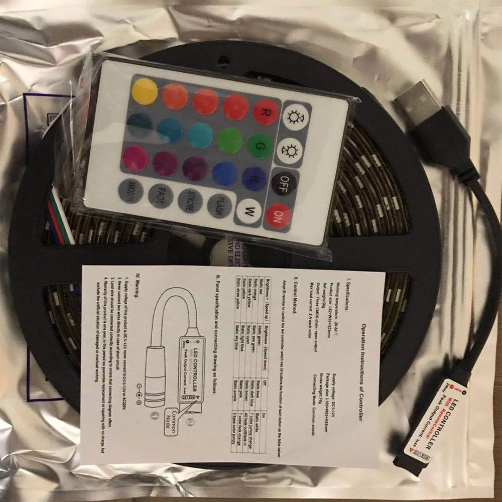 

USB Power TV Backlight RGB LED Lights Flexible 50CM 1M 2M LED Strip Tira 24 Keys Remote Control For PC Bias Light TV Lighting