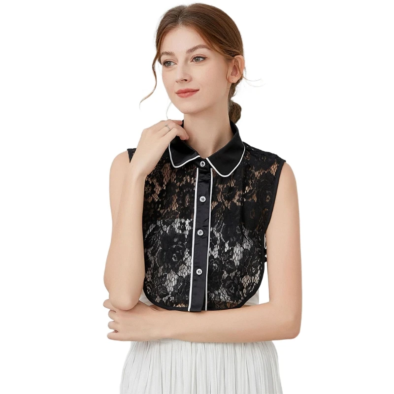 

Women Hollow Floral Lace Black False Collar Detachable Dickey Lapel Half Shirt