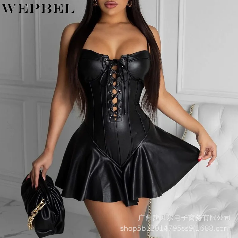 

WEPBEL Dress Women's Sexy Solid Color Slim Hollow Out Dress Autumn Fashion Backless Strapless Spaghetti Strap Bandage Dress