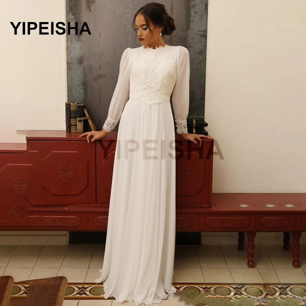 

2021 New Long Sleeves A-Line Evening Dress Lace Appliques Chiffon See-Through Prom Party Gown robe de soirée de mariage