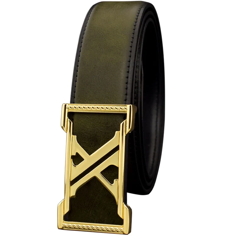 

New Green X Letter Buckle Men's Belt Cowhide Belt High Quality Casual Leather Luxury Brand Young Men Ceinture Homme