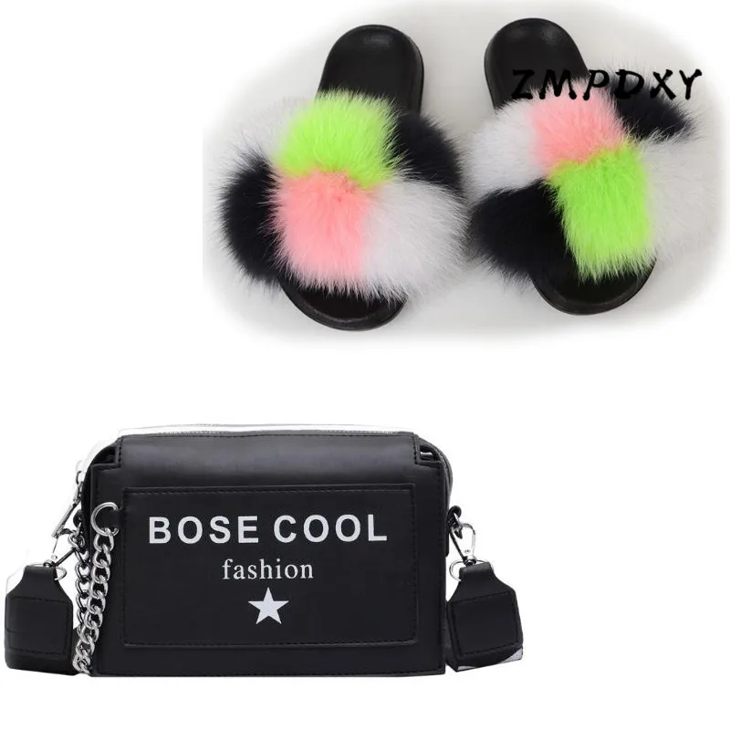 Female Real Fox Fur Slides Womens Jelly Shoulder Bag Shoes Sets Ladies Fluffy Furry Slippers Candy Crossbody Purse Plush Sandals | Обувь