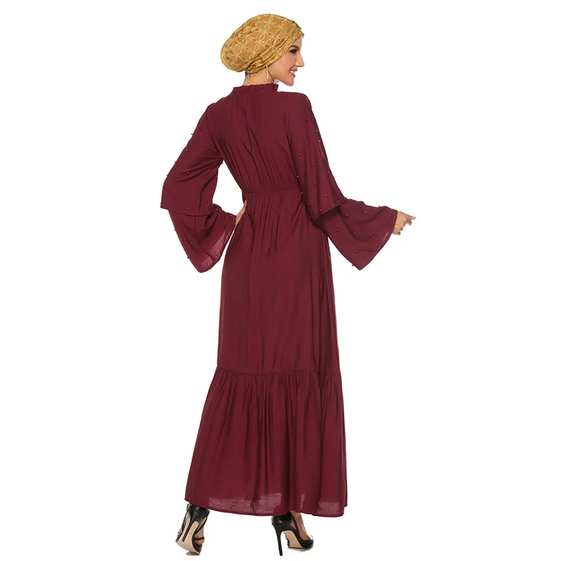 

Newest Dubai Kaftan Muslim Women Fashion Ruffled Sleeves Beaded Stitching Dress Arabian Bangladesh Dubai Abayas For Women