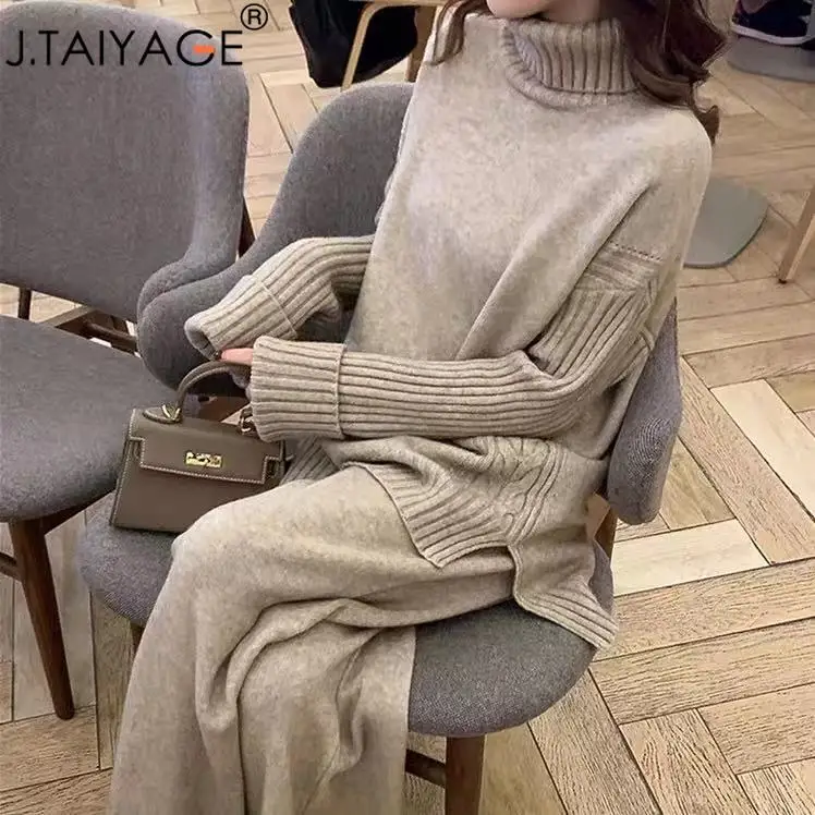 

Женский трикотажный костюм J.TAIYAGE, осенний спортивный костюм, теплый свитер с высоким воротником, повседневные Пуловеры и брюки с широкими ш...
