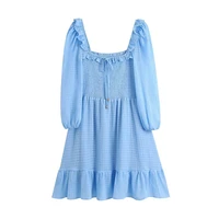 summer womens dress new mini skirt solid color puff long sleeve ruffled square collar long sleeve lace chic dresses female 2021