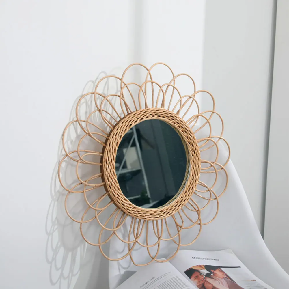 

Handmade Rattan Wall-Mounted Mirror Hanging decor Mirror Circle Woven Bamboo Wicker Modern Decor For Living Room Bathroom