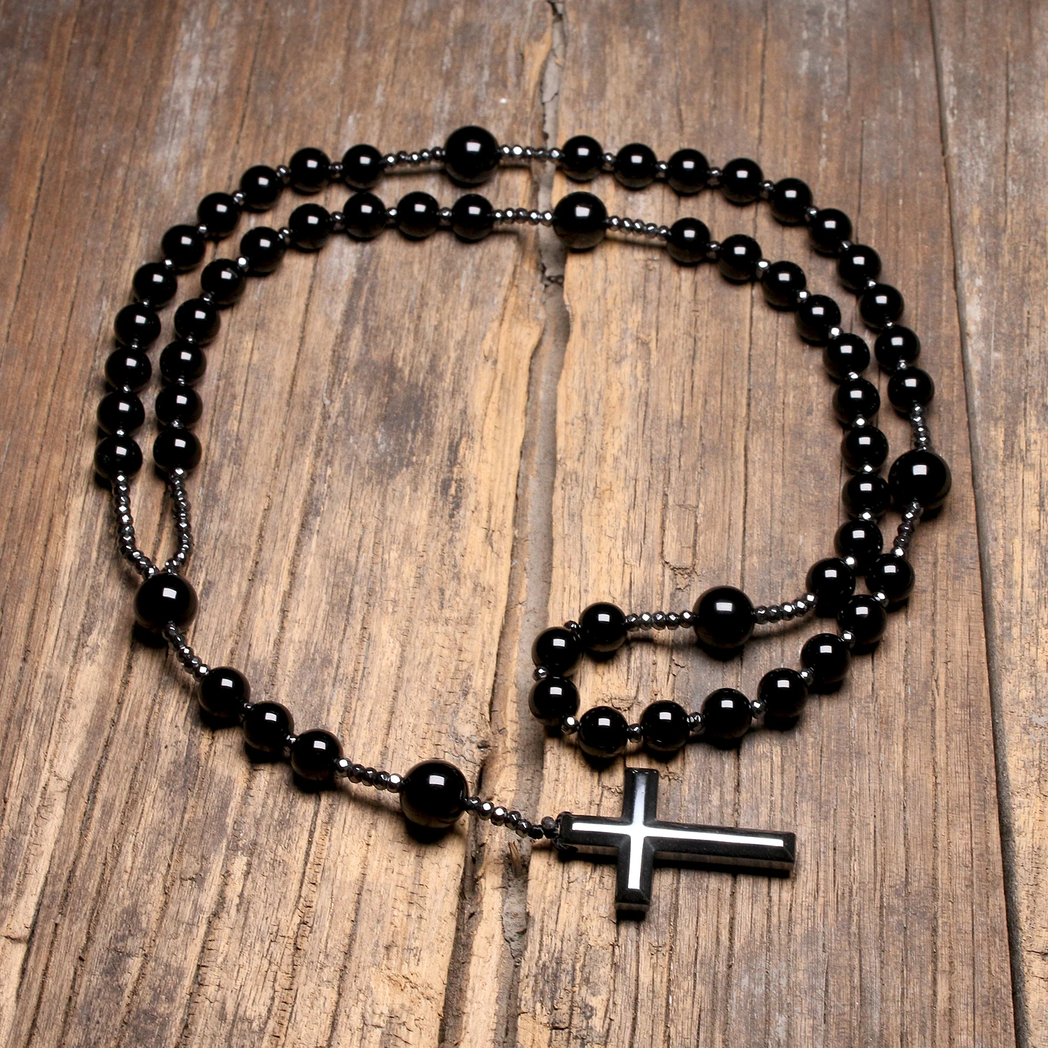 Натуральный черный оникс бусины католический Христос четки ожерелья гематит