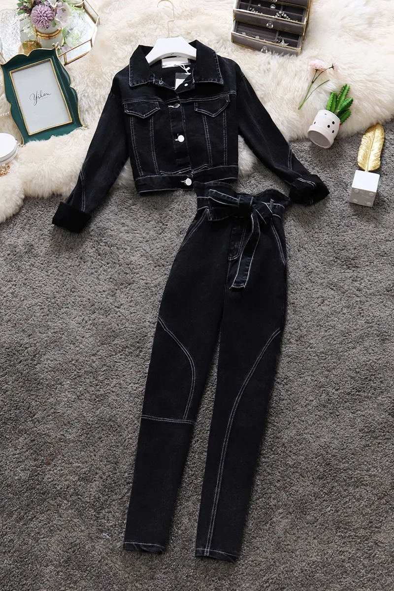 

Hong Kong Style denim suit autumn 2020 new stand collar long sleeve short coat + high waist trousers two piece suit women's 9486