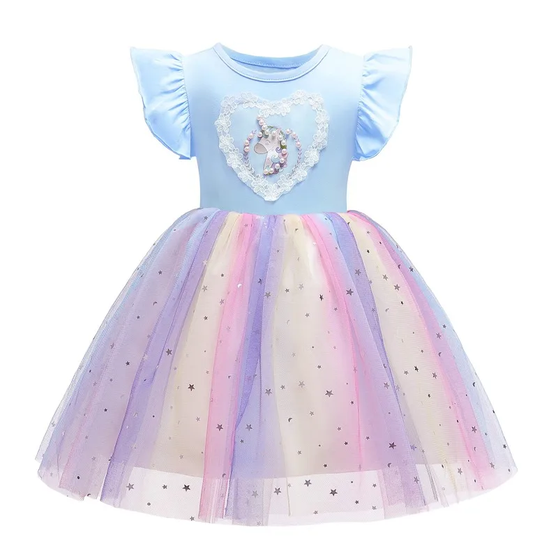

Original Zebra Remember girls cute unicorn princess dress children colorful starry sky mesh dresses kids boutique dress for girl
