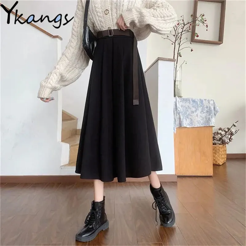 

Однотонные свободные женские длинные юбки средней длины, модная женская плиссированная юбка в Корейском стиле, Новая повседневная Свободн...