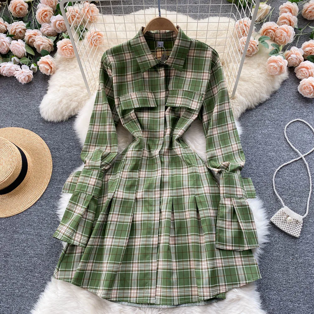 

C116 Women New Fashion Green Plaid Autumn and Winter Dress for 2021 College Korean Long Sleeve Casual Vestidos