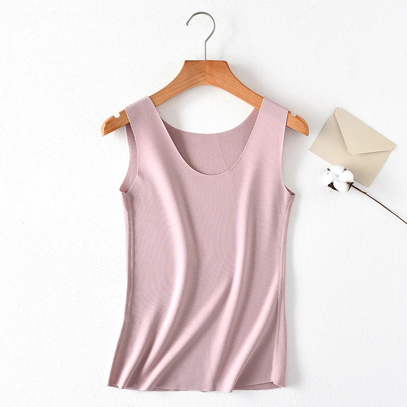 Light Pink Укороченный топ, Женская майка, одноцветная, тянущаяся, бесшовная, теплая, на подкладке, круглый вырез, без рукавов,, летняя футболка, облегающая туника - Цвет: Light Pink