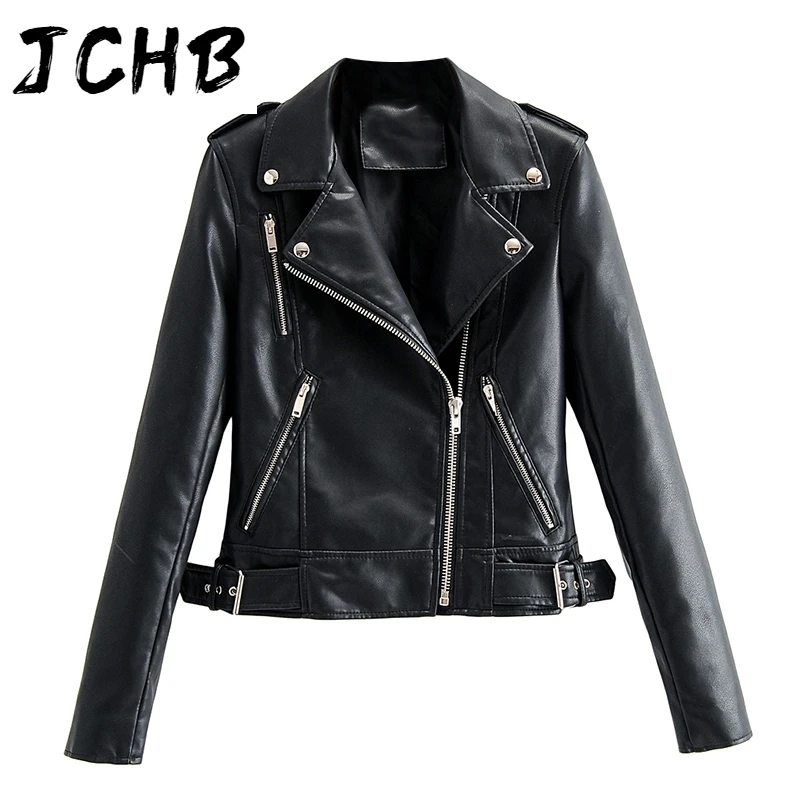 

SHZQJCHB Women Long Sleeve Jacket Coat Solid Faux Leather Zipper Motorcyle Jackets Turn Down Collar Streetwear Tops Female 2021