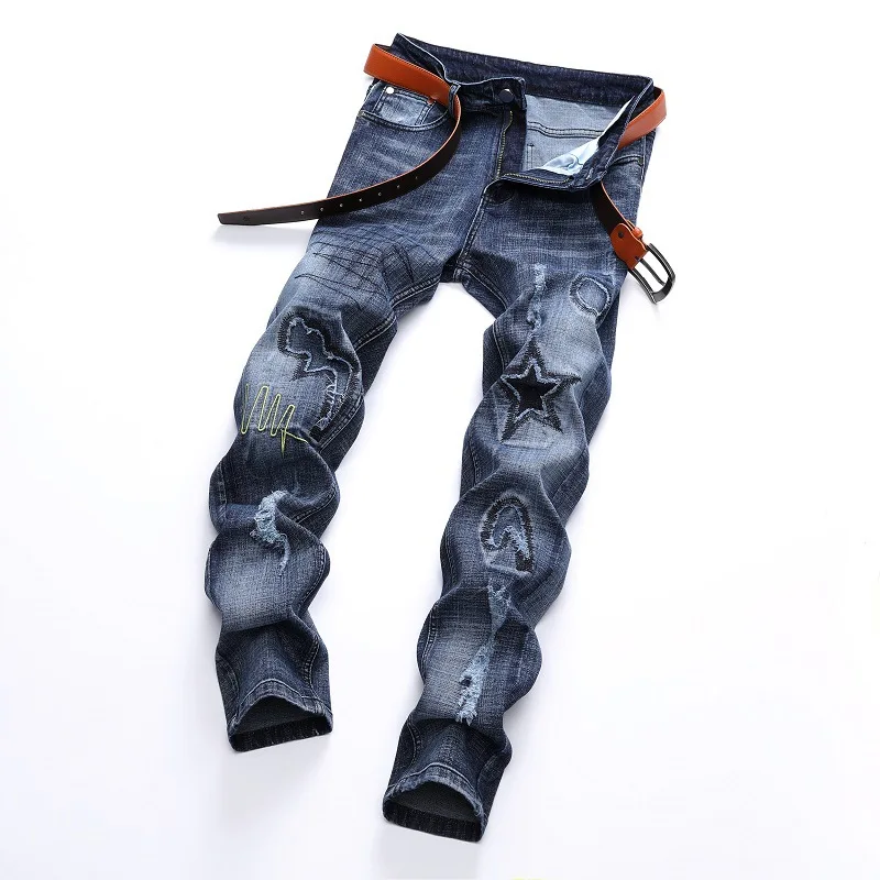 

European and American Style Jeans Light Color Stretch Ripped Badge Jeans Trendy Men's Pants