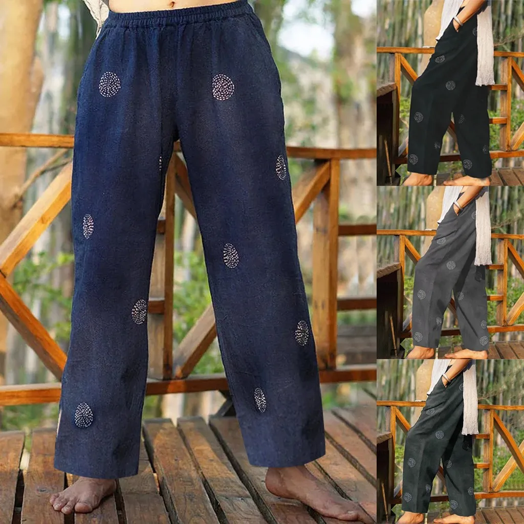 Джоггеры Женские повседневные свободные брюки в горошек из хлопка и льна длинные