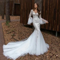 flare long sleeves mermaid wedding dresses v neck tulle lace bridal gowns boho wedding gowns custom made vestidos de novia