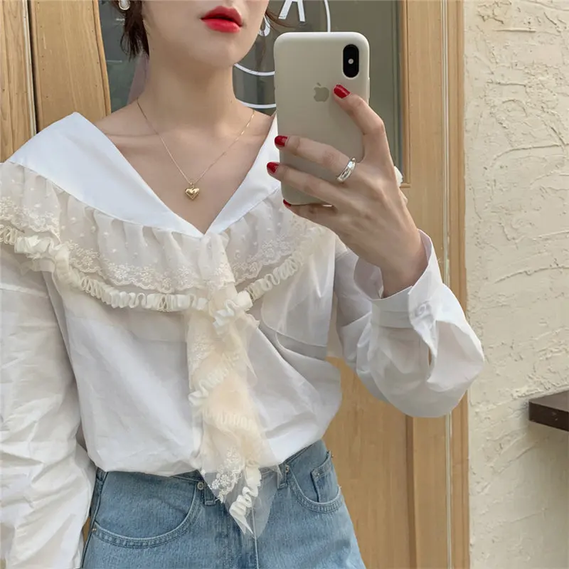 Alien Kitty 2020 OL Patchwork Lace Lady Vintage Deeply V-neck Ruffles Chic Long Sleeve Elegant Top Loose Shirt Women Blouses | Женская