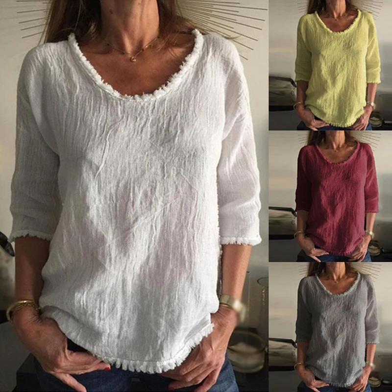 

Летние красивые однотонные с круглым вырезом Футболка с длинным рукавом женские хлопковые повседневные свободные размера плюс футболка с ...