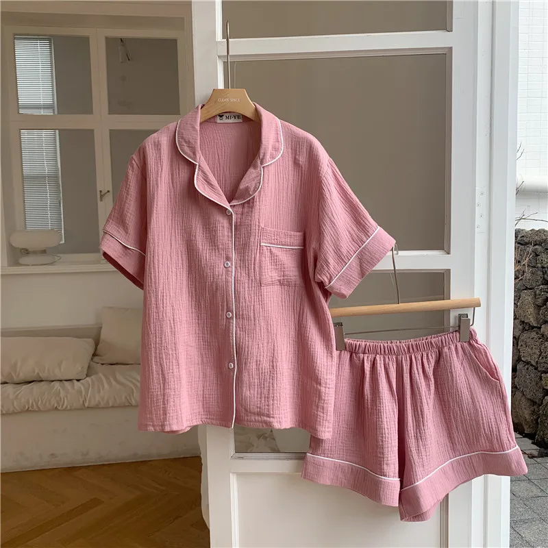 

Marple women summer pajamas set solid 100% cotton sleepwear 2 piece set short sleeve top shorts home suit homewear pockets