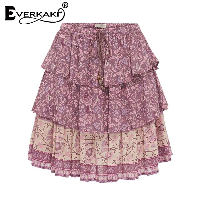 Purple Everkaki/мини-юбка с оборками и цветочным принтом в стиле бохо, женские юбки с кисточками и поясом с эластичной резинкой на талии, винтажные летние женские юбки, Femme, осень - Цвет: Purple